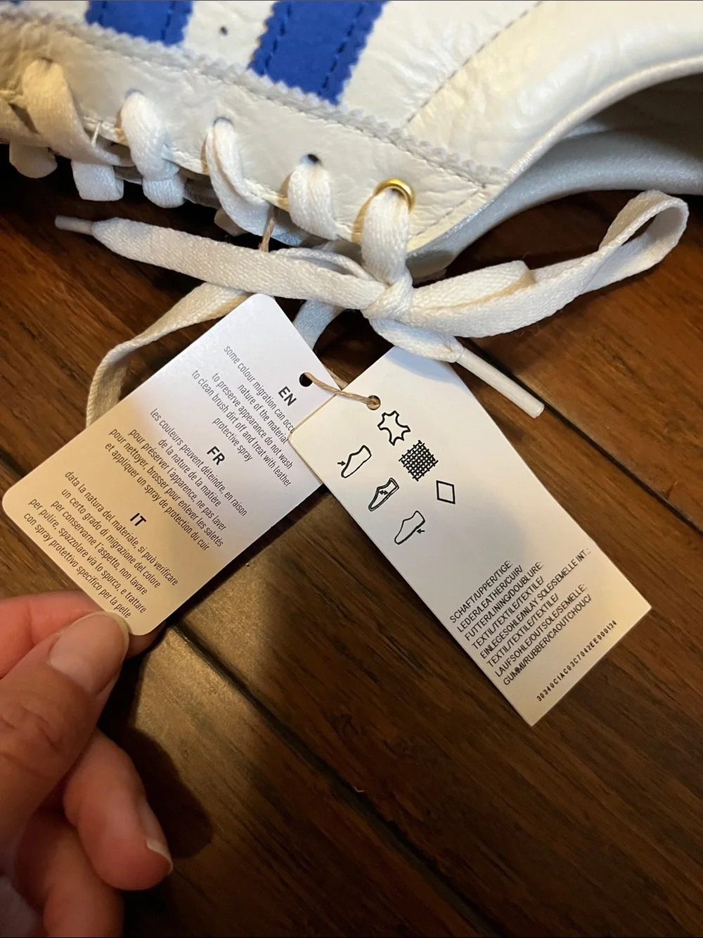 adidas womens japan White Leather Sneakers with Blue Stripes and Yellow Gum Sole